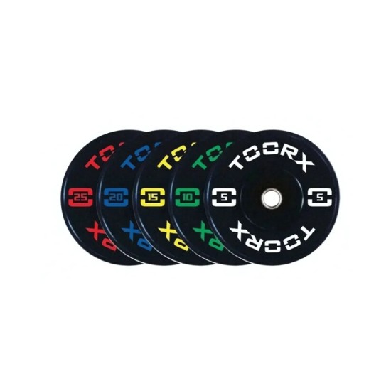 Toorx bumper plates 5kg tot 25kg met rubber coating en roestvrijstalen ring